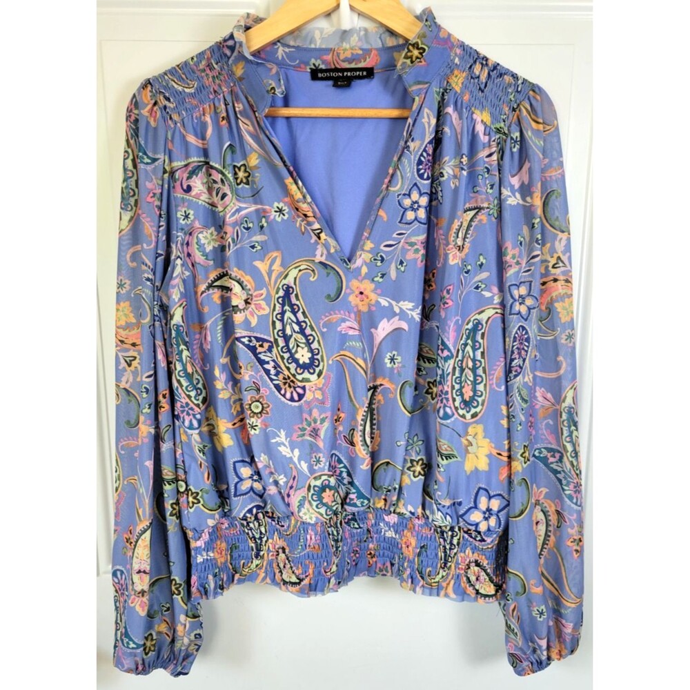 Boston Proper Smocked Paisley V-Neck Long Sleeve Top Size S